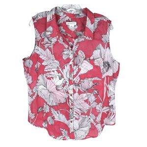 Liz Claiborne XL Sleeveless Button Shirt Carnation Pink Sheer Floral Summer Chic